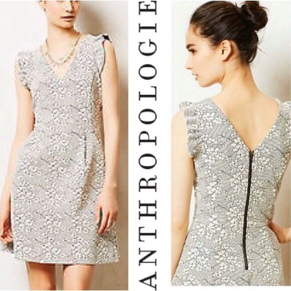 Anthropologie Dress Gray White Floral Lace Sleeveless V Neck Party‎ - Picture 2 of 14